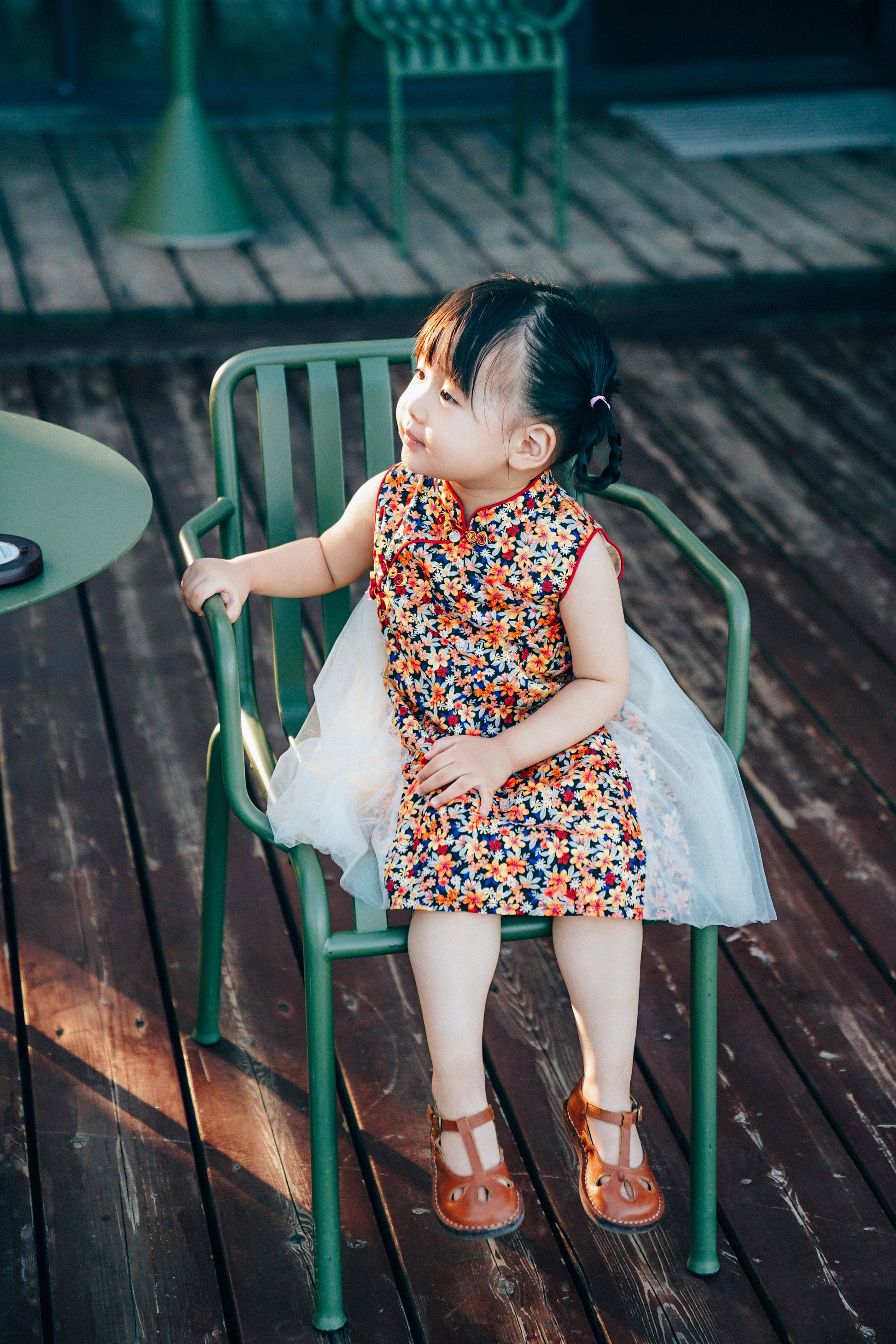 Girls' floral qipao tulle dress in motion