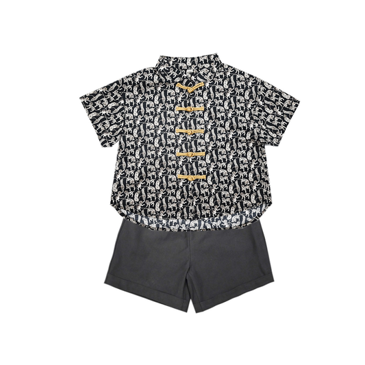 Animal Print boys Mandarin-collar shirt and shorts set on white background