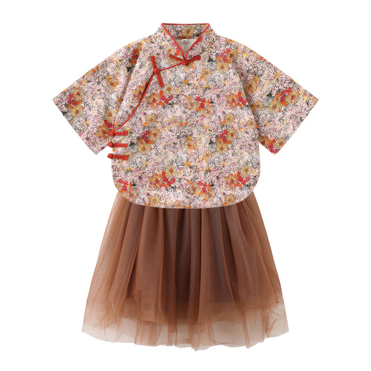 Girls' floral Mandarin-collar top and chestnut tulle skirt set on white background
