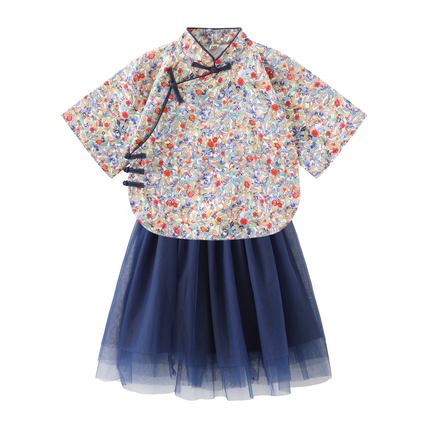 Girls' blueberry floral Mandarin top and navy tulle skirt set on white background