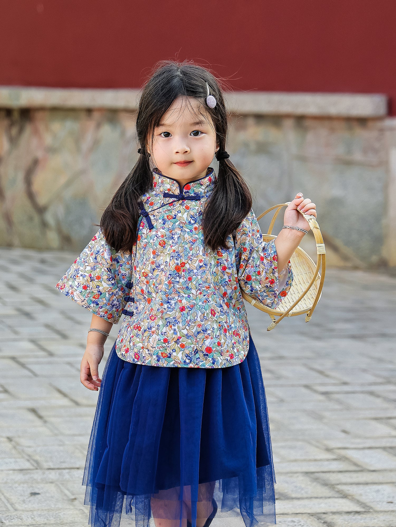 Front view of the Indigo Berry floral Mandarin top and navy tulle skirt set