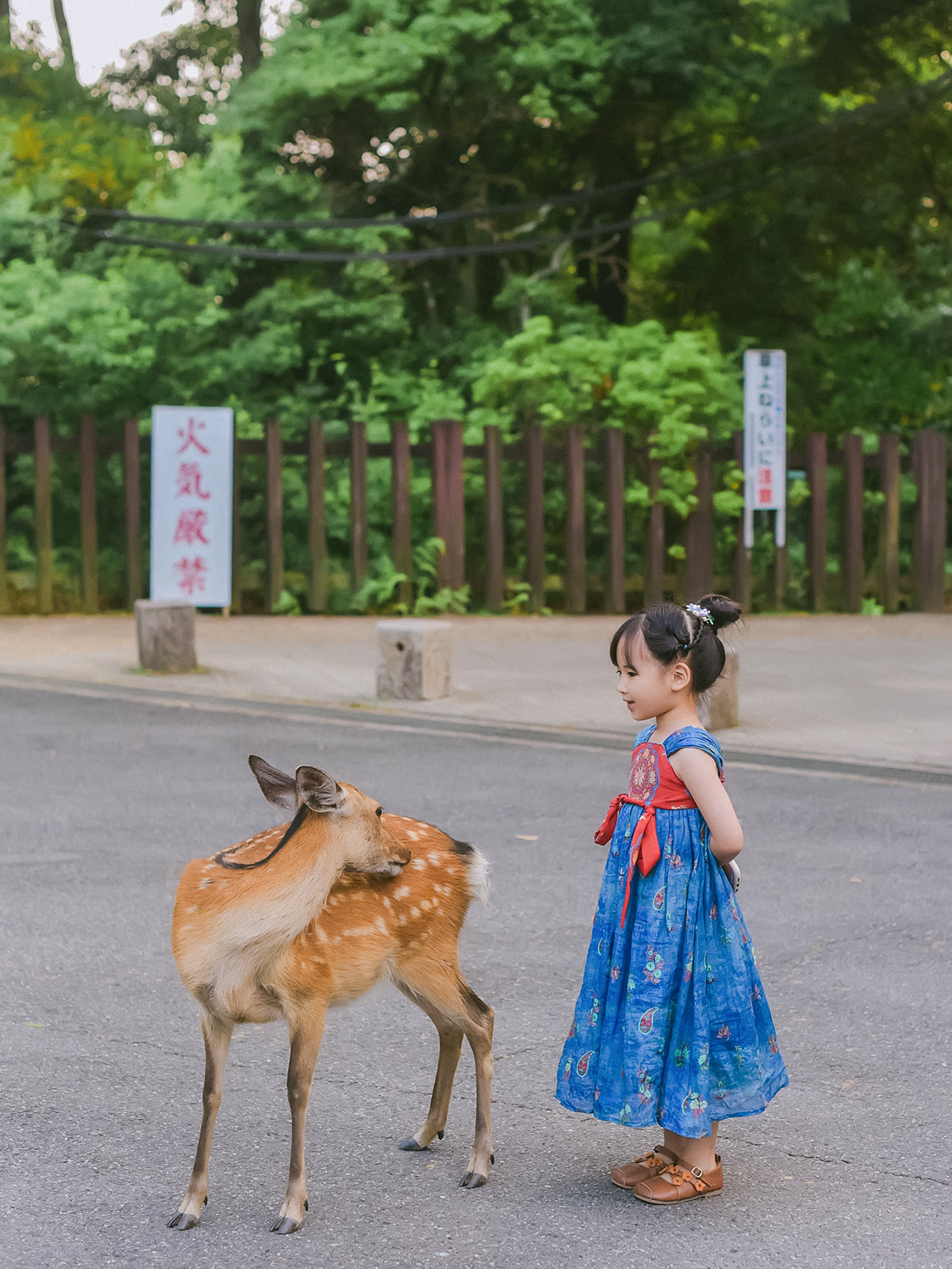 Indigo Ember blue and vermilion girls' Hanfu-inspired dress, side view