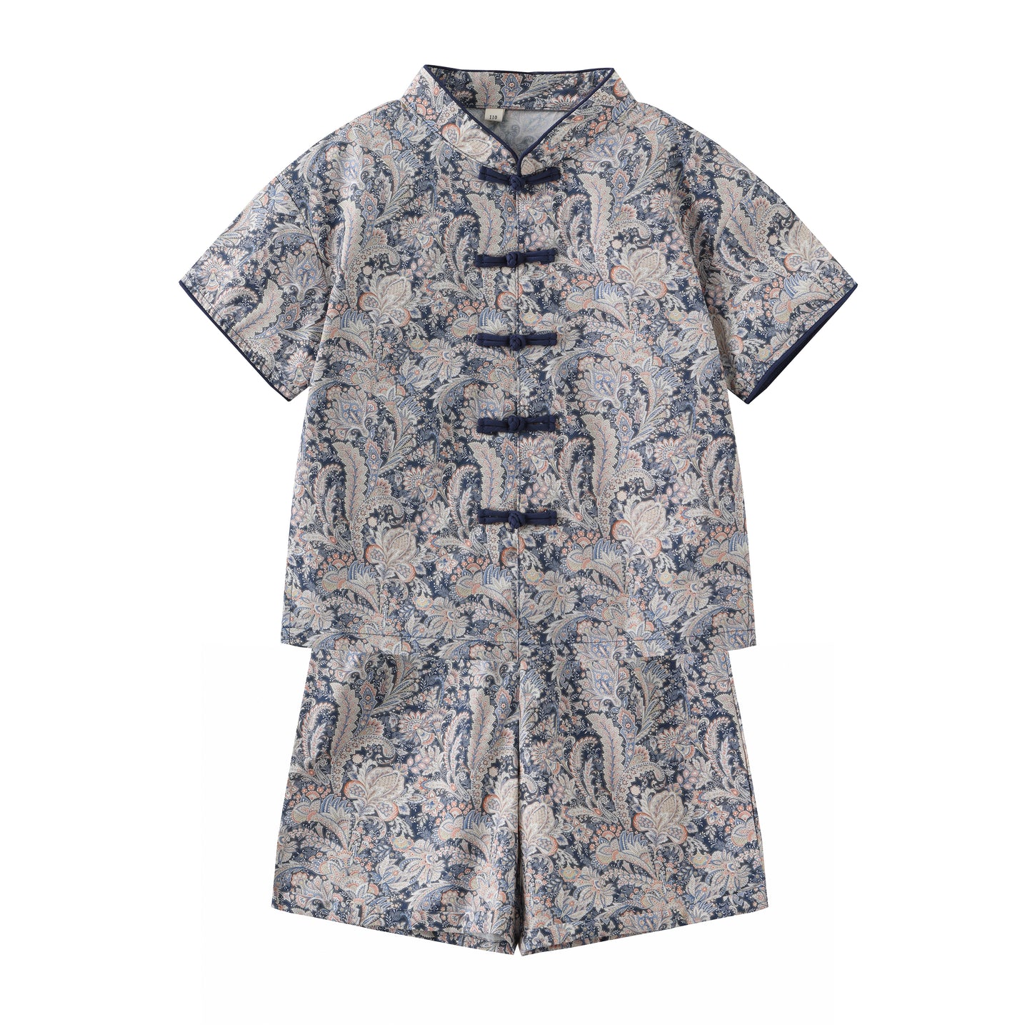 Blue Paisley boys Mandarin-collar top and shorts set on a white background