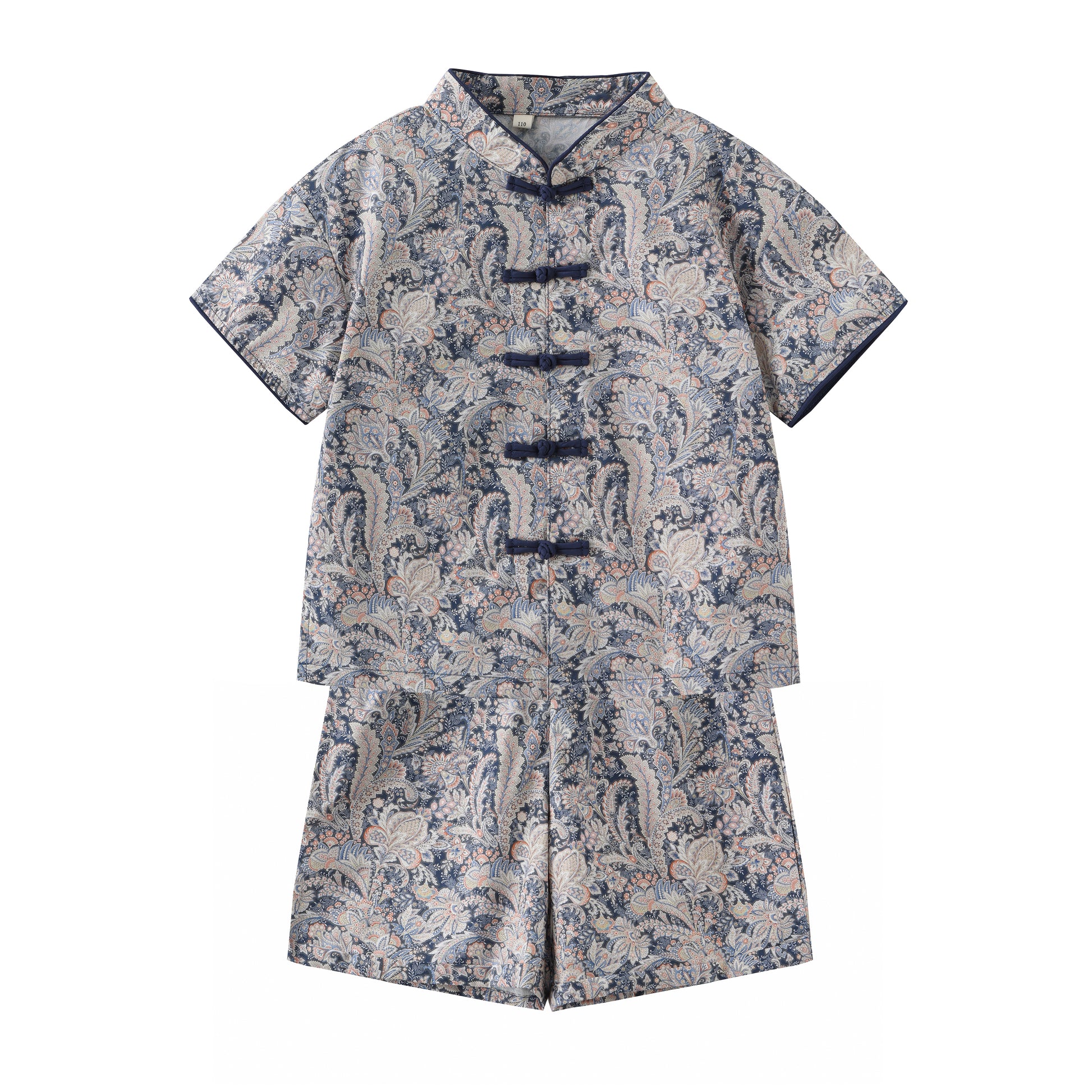 Blue Paisley boys Mandarin-collar top and shorts set on a white background