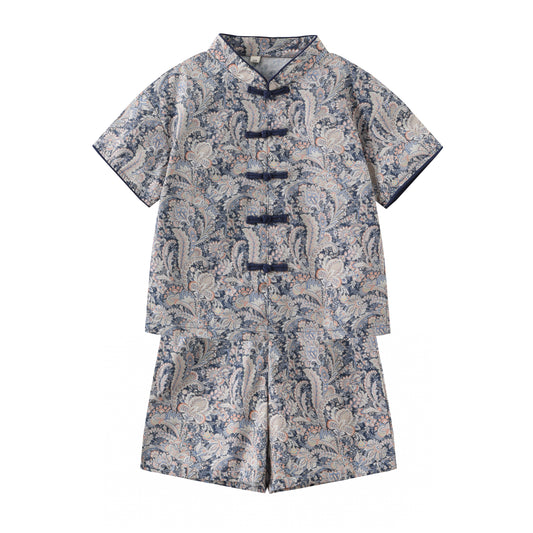Blue Paisley boys Mandarin-collar top and shorts set on a white background