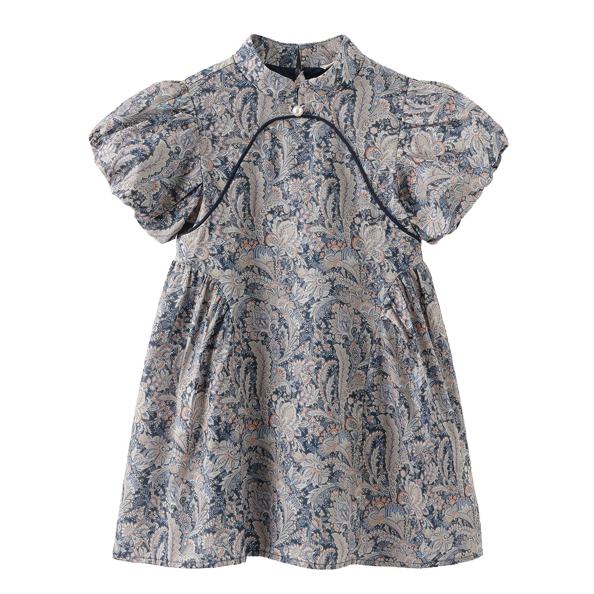 Blue Paisley girls puff-sleeve qipao dress on a white background