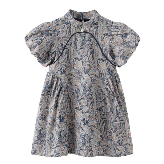 Blue Paisley girls puff-sleeve qipao dress on a white background