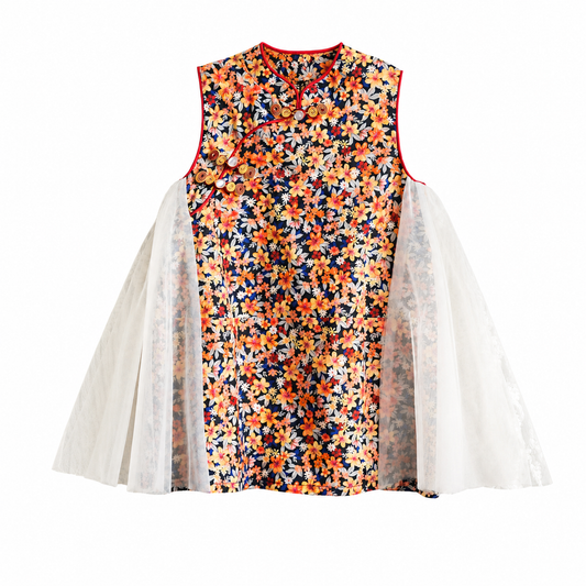 Girls' navy floral qipao dress with ivory tulle side panels, front view