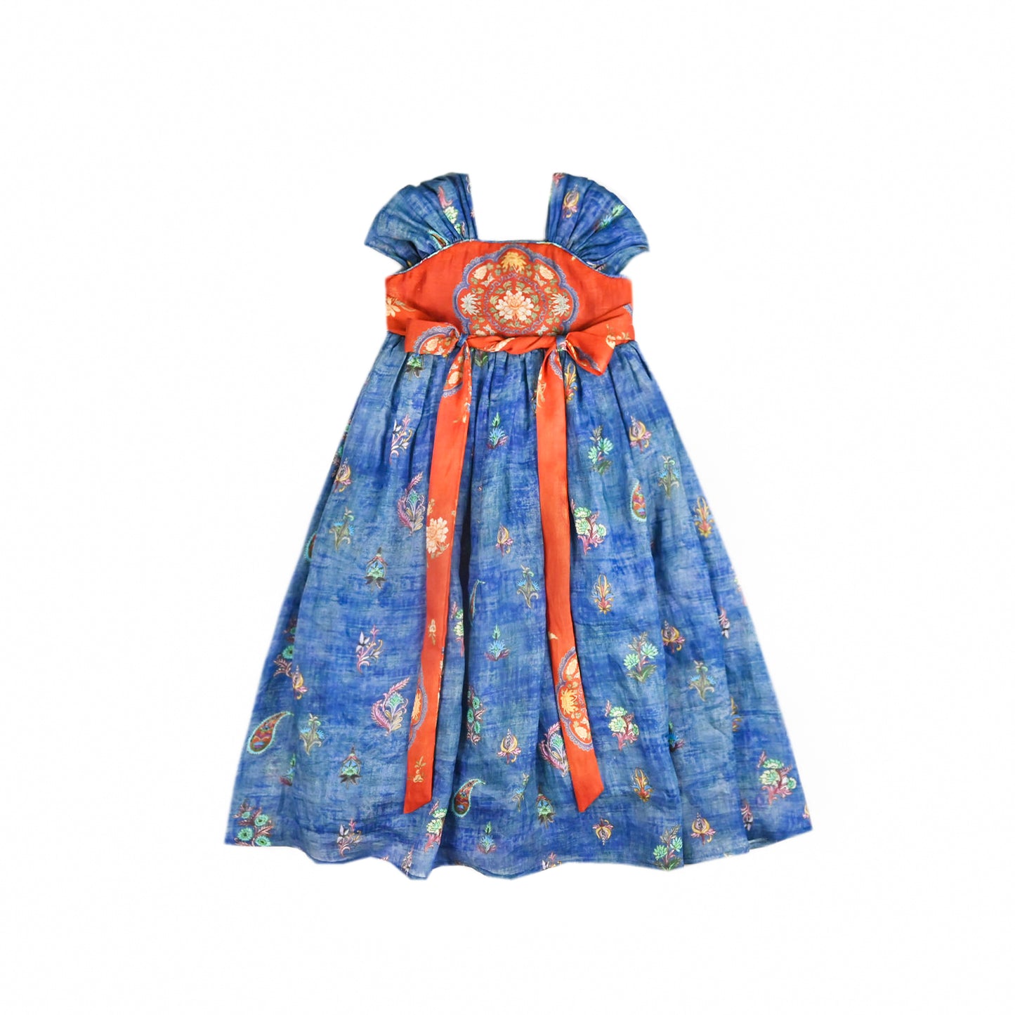 Blue and vermilion Hanfu-inspired girls dress, front product view