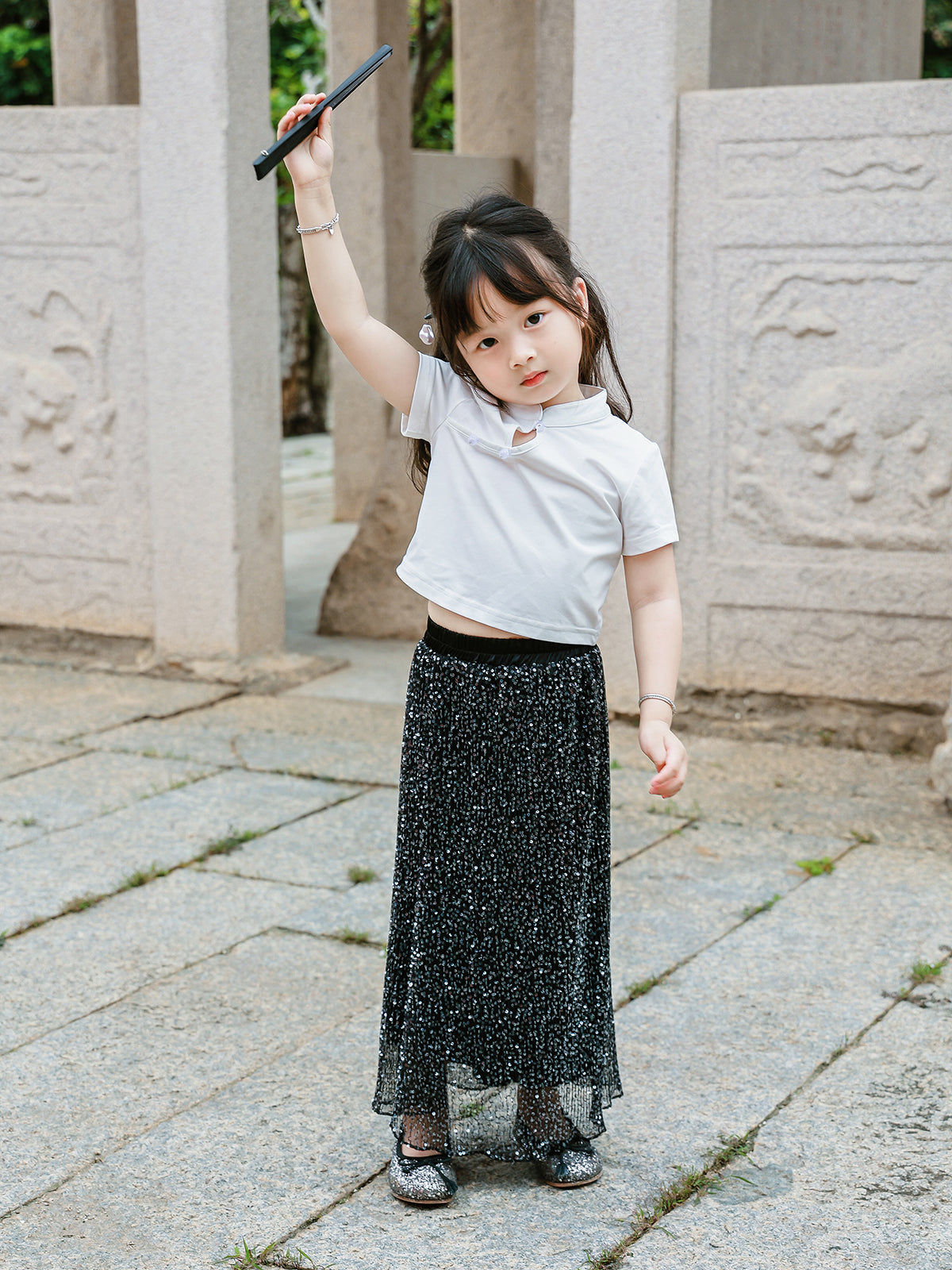 Girl wearing the Little Cloud Mandarin collar tee in Pure White, full-length view