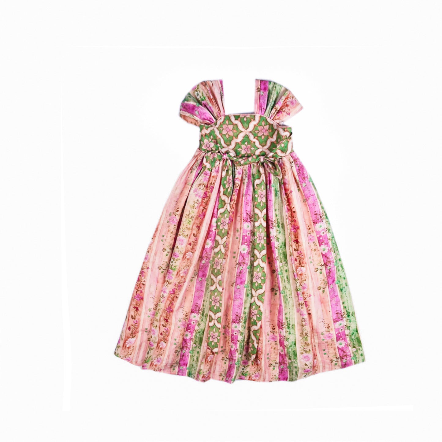 Pink and green floral Hanfu-inspired girls dress, front product view