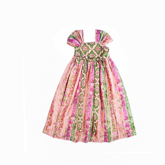 Pink and green floral Hanfu-inspired girls dress, front product view