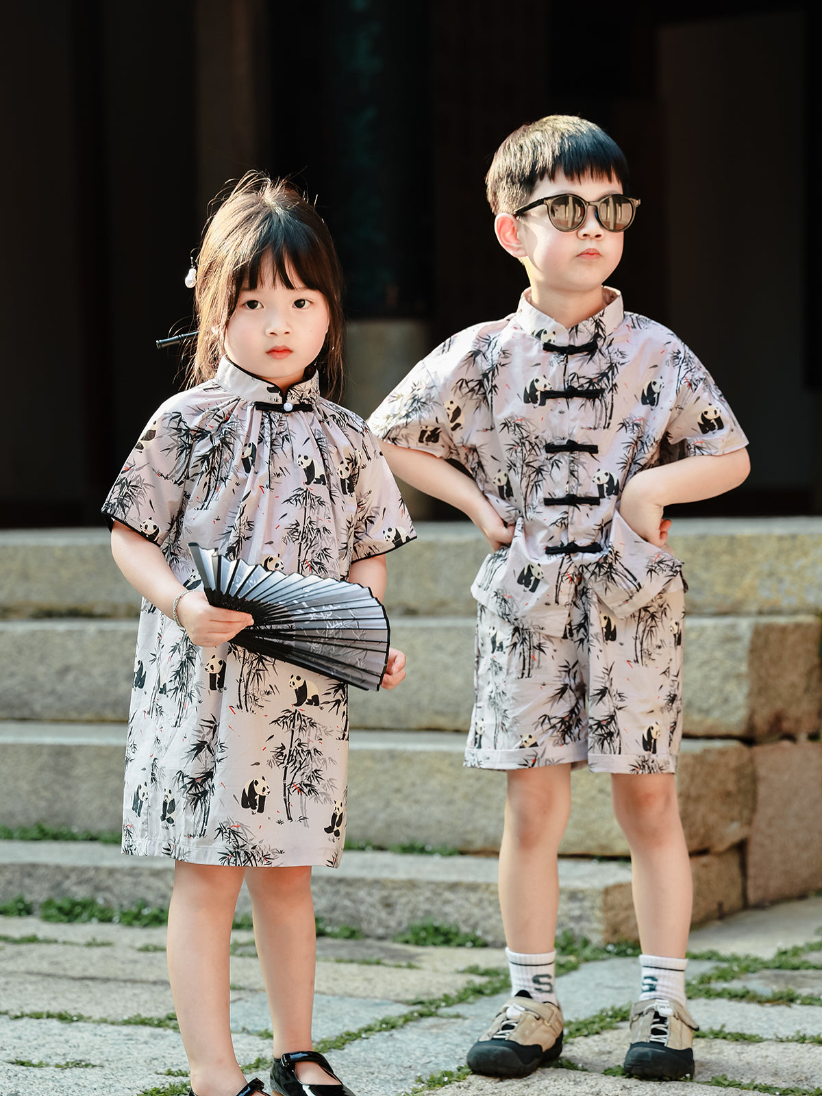 Sibling matching Panda Bamboo outfits