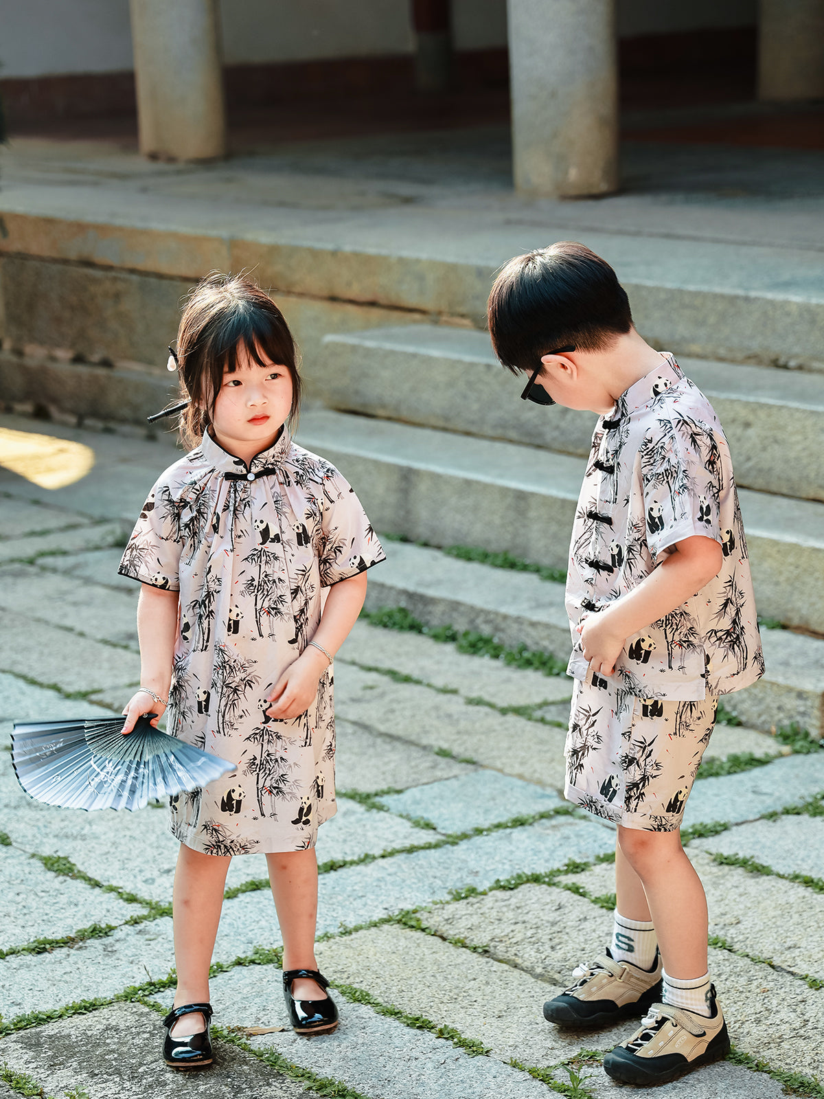 Sibling matching Panda Bamboo outfits