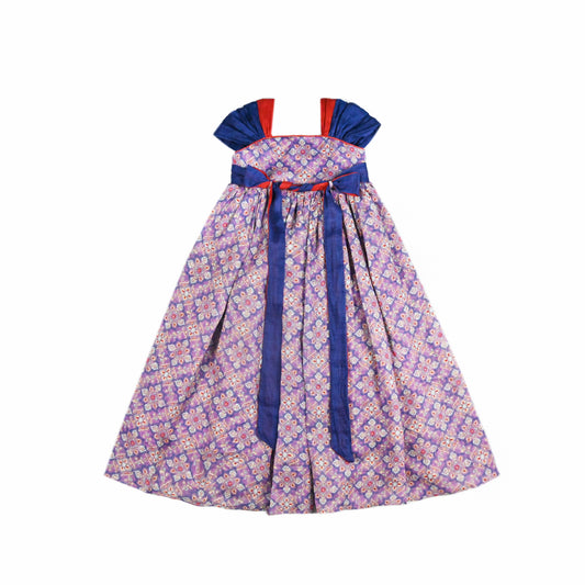 Purple geometric Hanfu-inspired girls dress, front product view