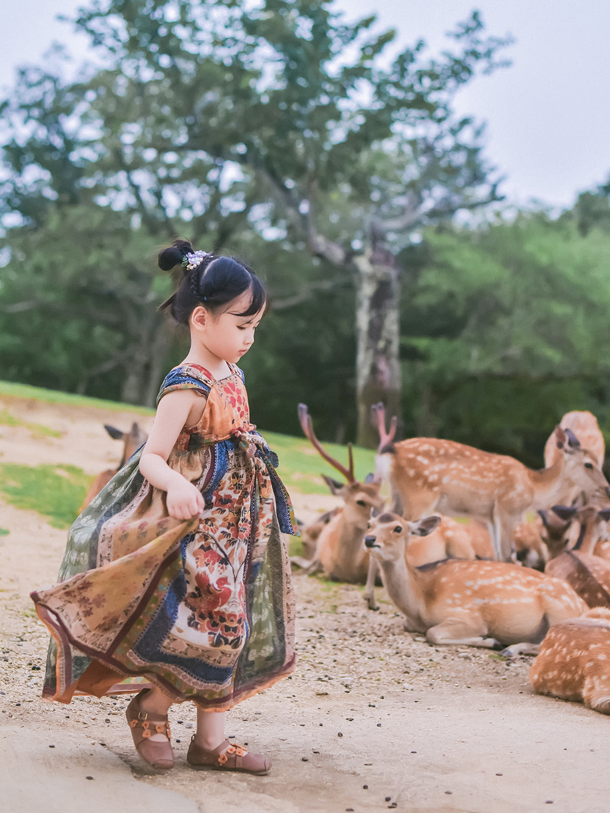 Mural Dream ochre and olive girls' Hanfu dress with adjustable sash