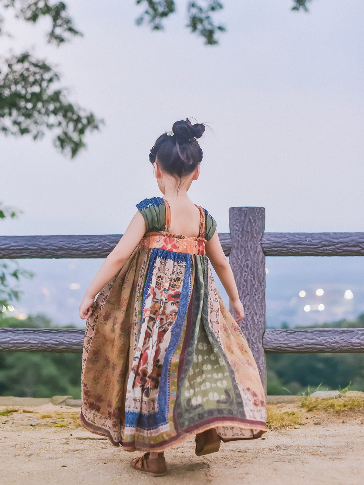 Mural Dream girls' Dunhuang-inspired patchwork Hanfu dress, full-length lifestyle view