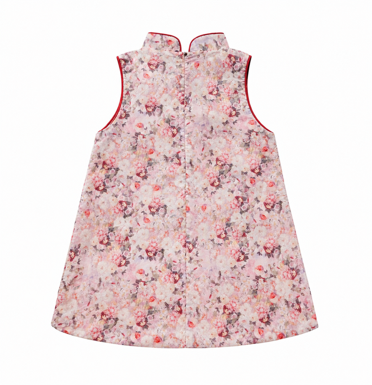 Pink floral sleeveless girls qipao dress, back view