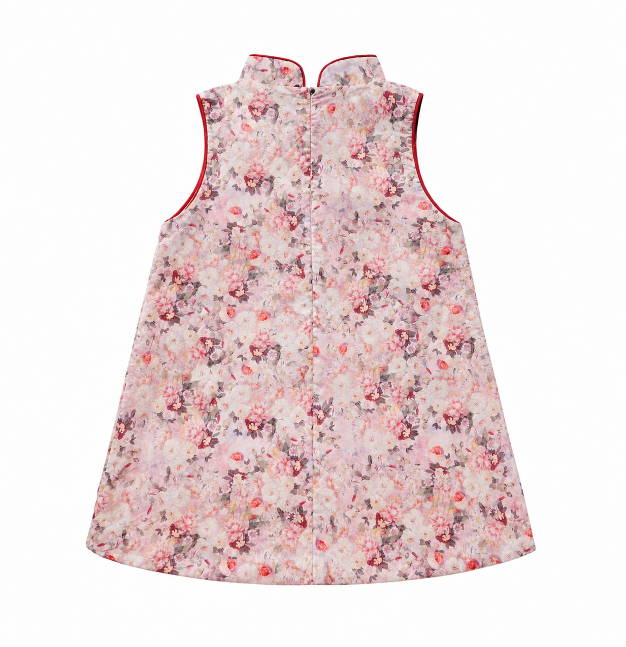 Pink floral sleeveless girls qipao dress, back view