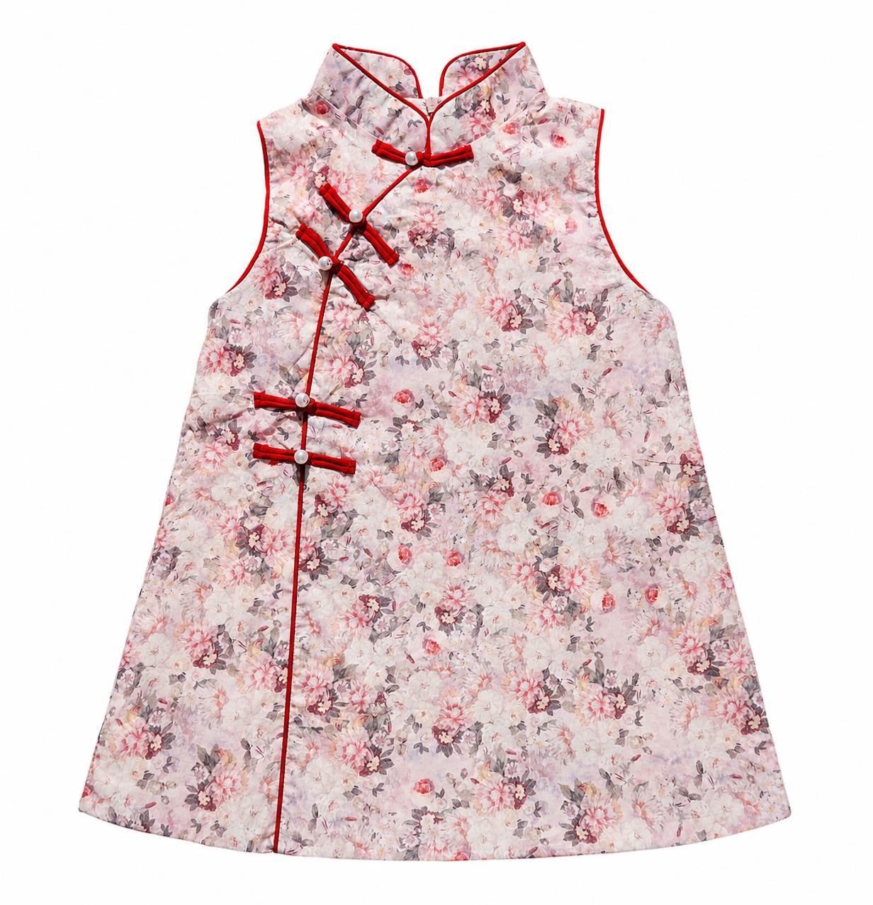 Pink floral sleeveless girls qipao dress, front view