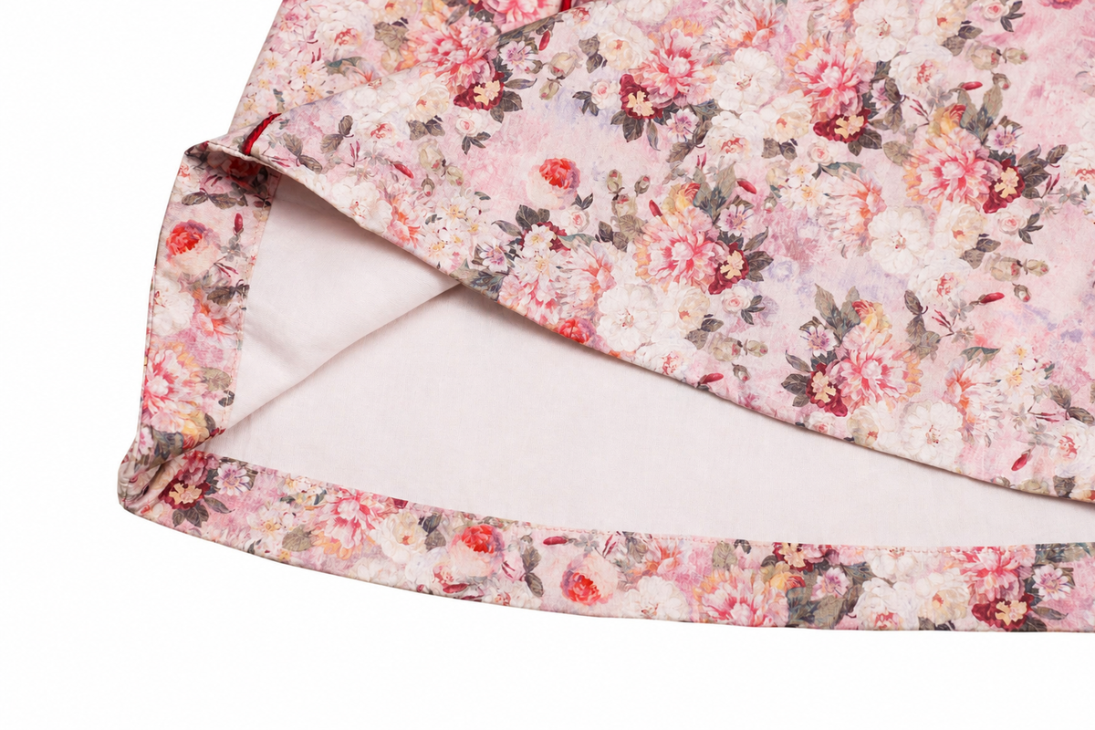 Cotton lining detail of pink floral sleeveless girls qipao dress