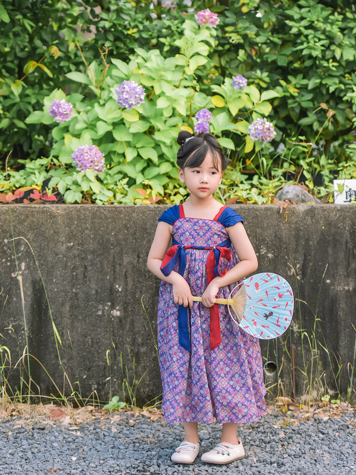 Girl wearing the Purple Cloud purple geometric Hanfu-inspired dress, full-length view