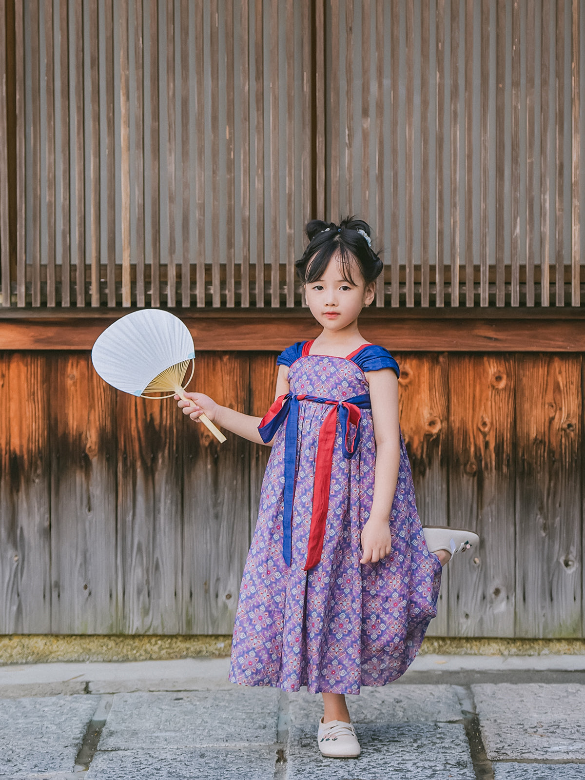 Girl modeling the Purple Cloud geometric Hanfu-inspired celebration dress