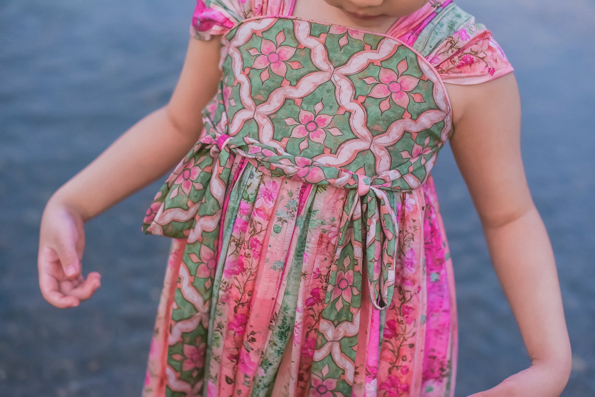 Girl modeling the Rainbow Willow patchwork Hanfu-inspired summer dress
