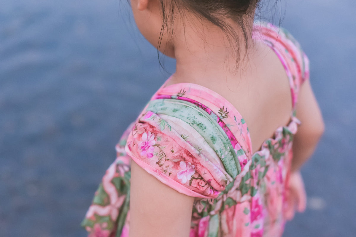 Rainbow Willow pink and green floral dress with adjustable sash