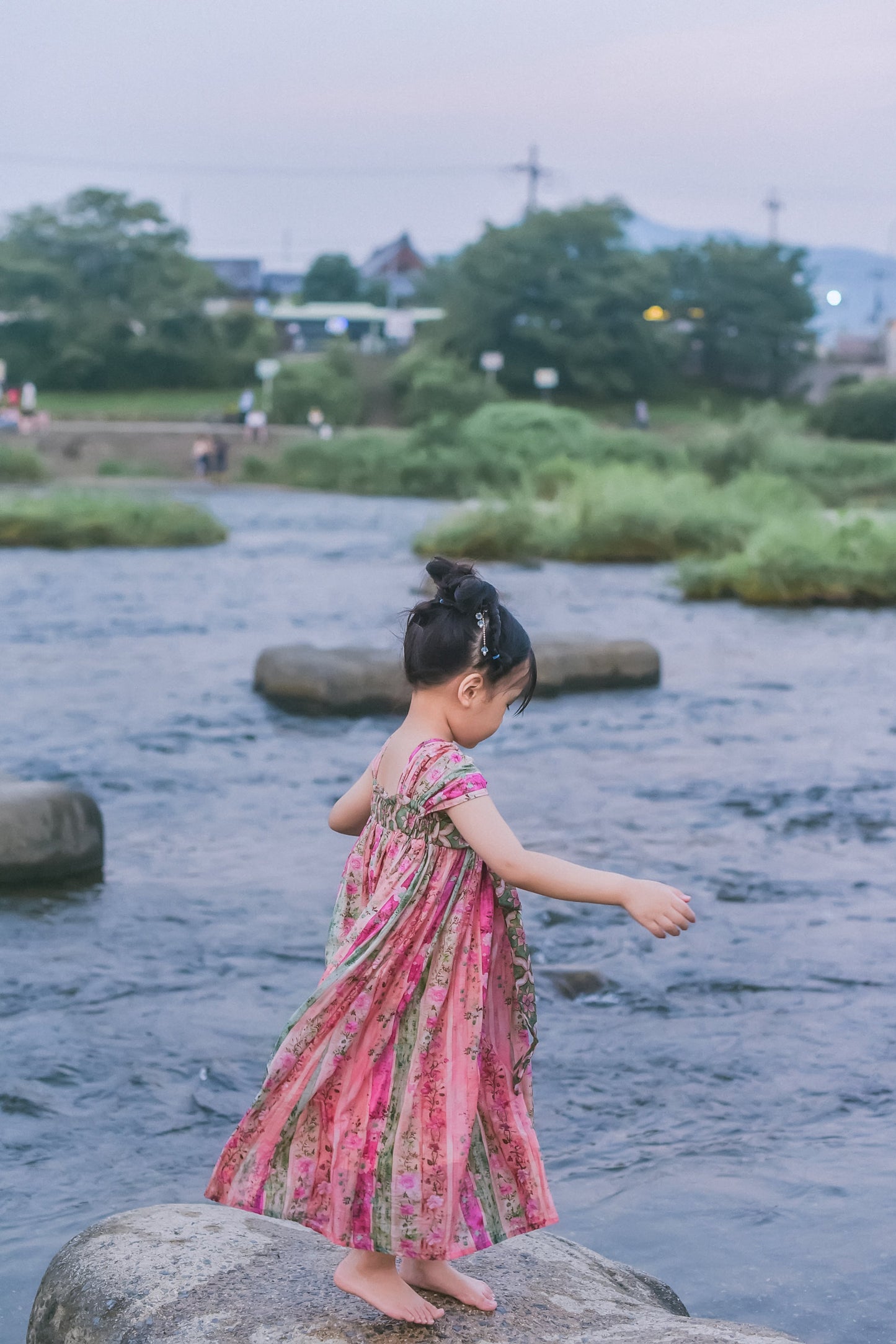 Rainbow Willow pink and green floral Hanfu-inspired dress, lifestyle photo