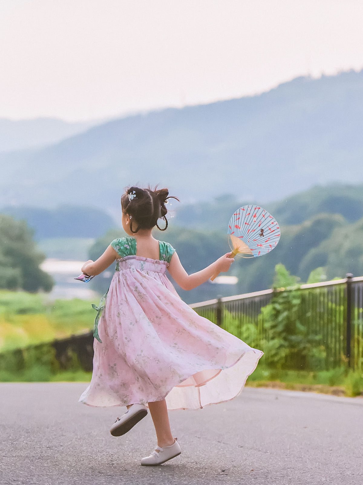 Spring Blush pink and green Hanfu-inspired dress, flowing skirt view