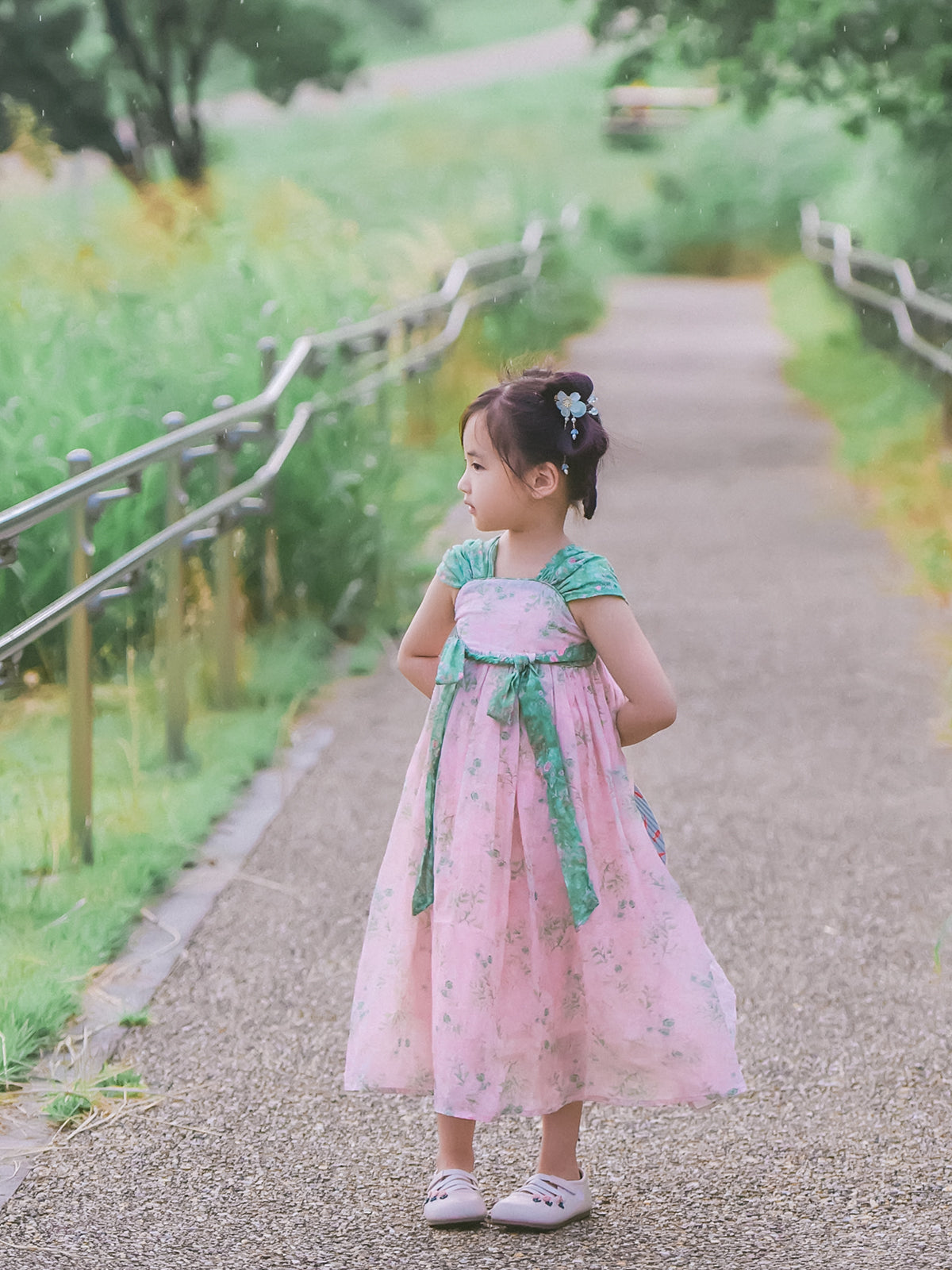Spring Blush girls' pink and green Hanfu-inspired dress, side view