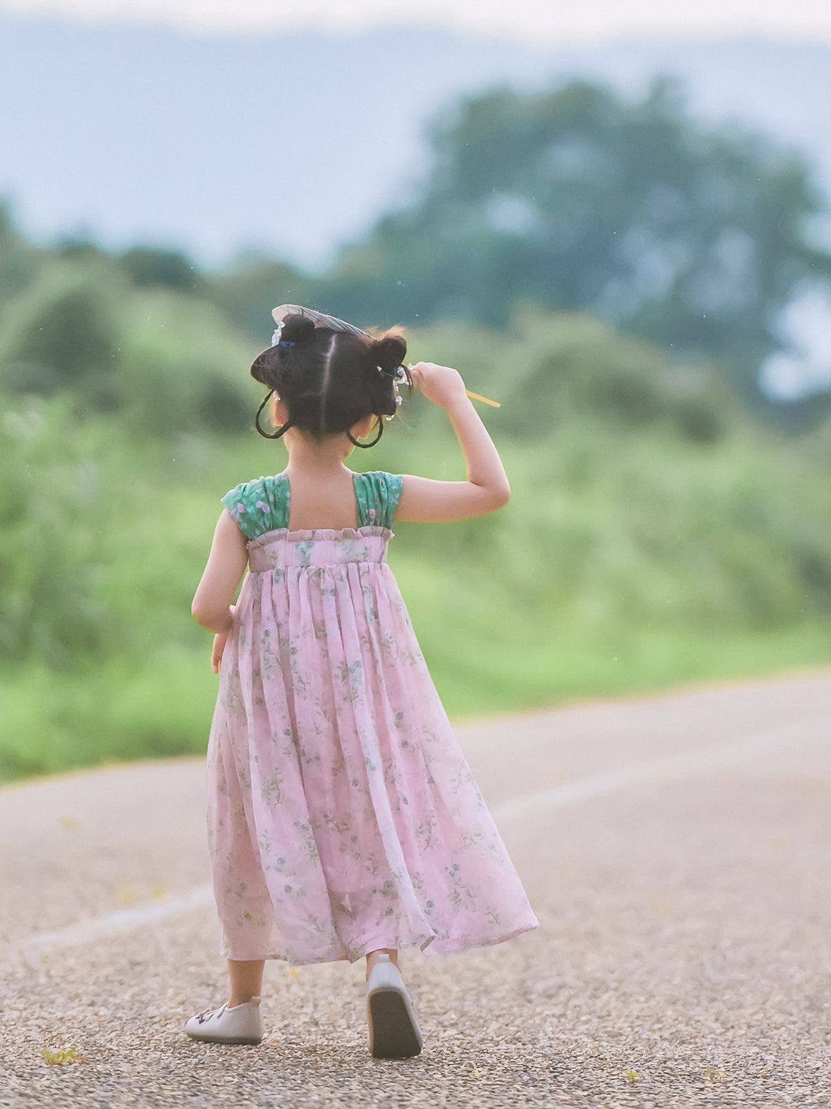 Blush pink and green Hanfu-inspired dress, back view